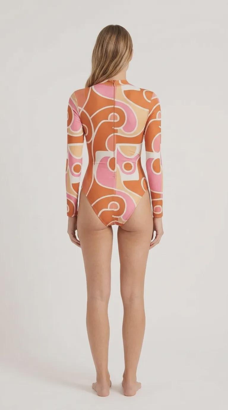 Sixties Mod Retro Bohemian One-Piece Swimsuit - Long Sleeve, Colourful & Lightweight - Terracotta