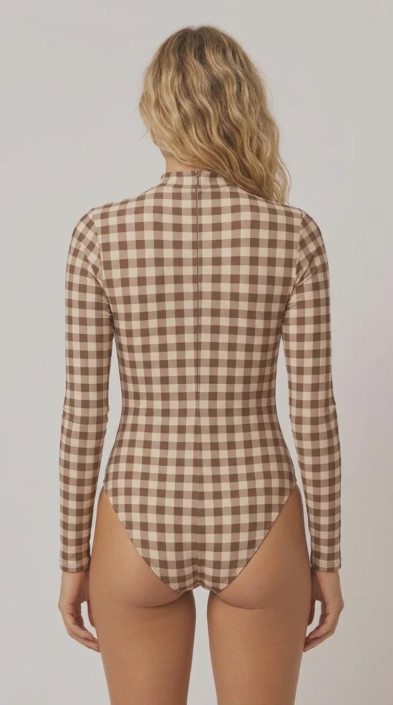 Retro Long-Sleeve One-Piece Swimsuit - Back Zipper - Lightweight - Soft Chest Pads - Brown Gingham