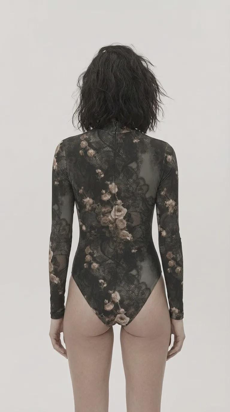 Grunge Goth Black Long-Sleeve One-Piece Swimsuit - Back Zipper - Lightweight - Soft Chest Pads - Lace & Roses