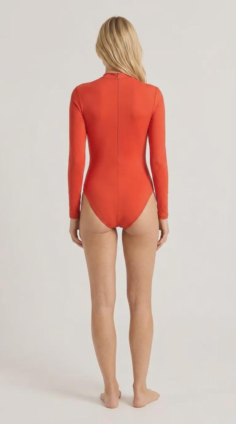 Retro Look Long-Sleeve One-Piece Swimsuit - Back Zipper - Lightweight - Soft Chest-Pads - Scarlet Red
