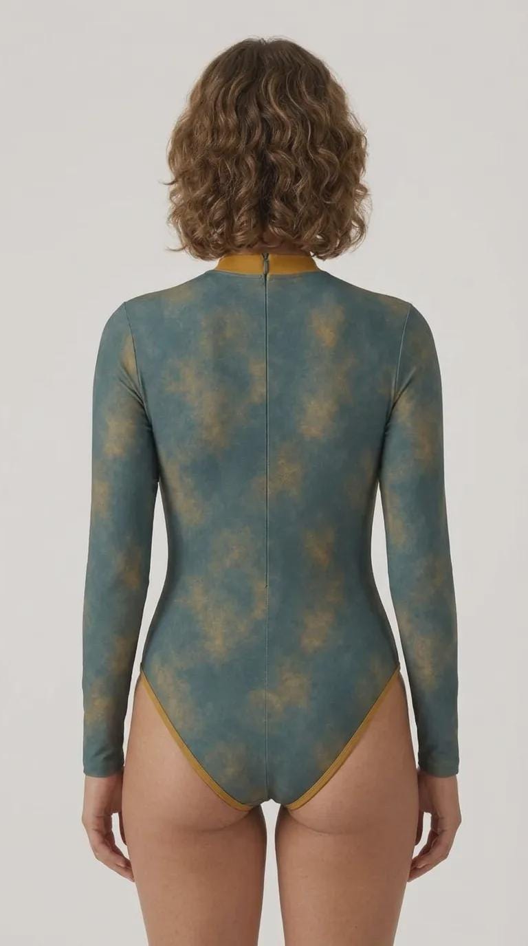 Retro Grunge Look Long-Sleeve One-Piece Swimsuit - Back-Zipper - Lightweight - Petrol Blue