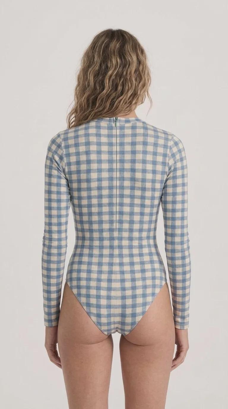 Retro Long-Sleeve One-Piece Swimsuit - Back Zipper - Lightweight & Sheer, Soft Chest Pads - Blue Gingham