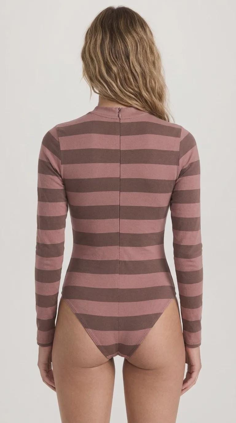 Retro Long-Sleeve One-Piece Swimsuit - Back Zipper - Lightweight & Sheer, Soft Chest Pads - Brown/Rose Stripes