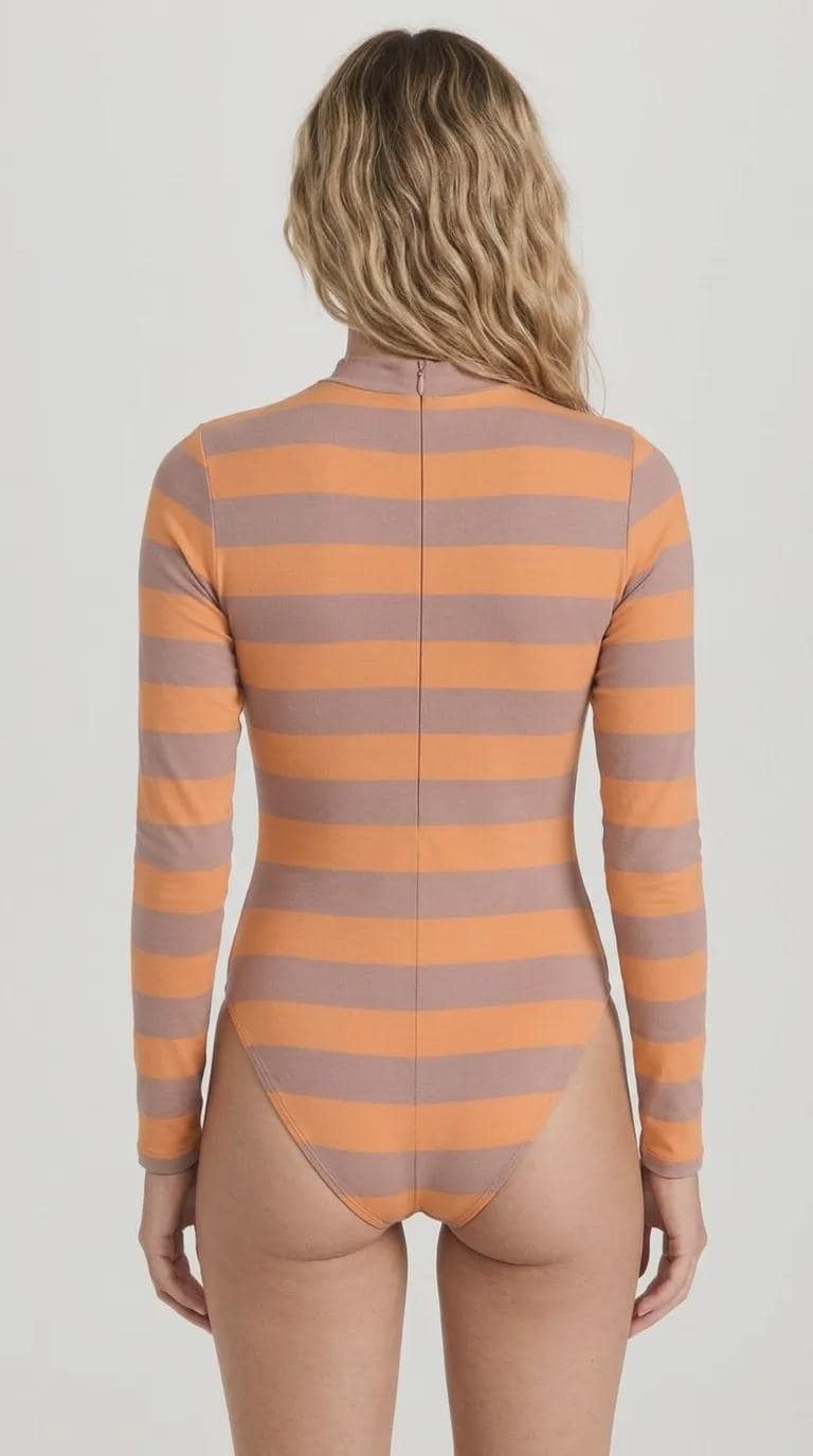 Retro Long-Sleeve One-Piece Swimsuit - Back Zipper - Lightweight & Sheer, Soft Chest Pads - Brown/Orange Stripes