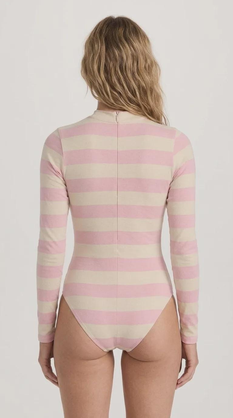 Retro Long-Sleeve One-Piece Swimsuit - Back Zipper - Lightweight & Sheer, Soft Chest Pads - Pink Stripes