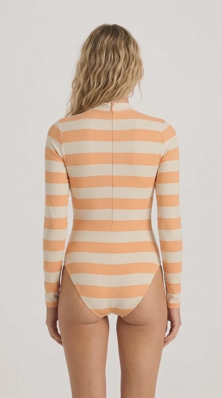 Retro Long-Sleeve One-Piece Swimsuit - Back Zipper - Lightweight & Sheer, Soft Chest Pads - Tangerine Orange Stripes