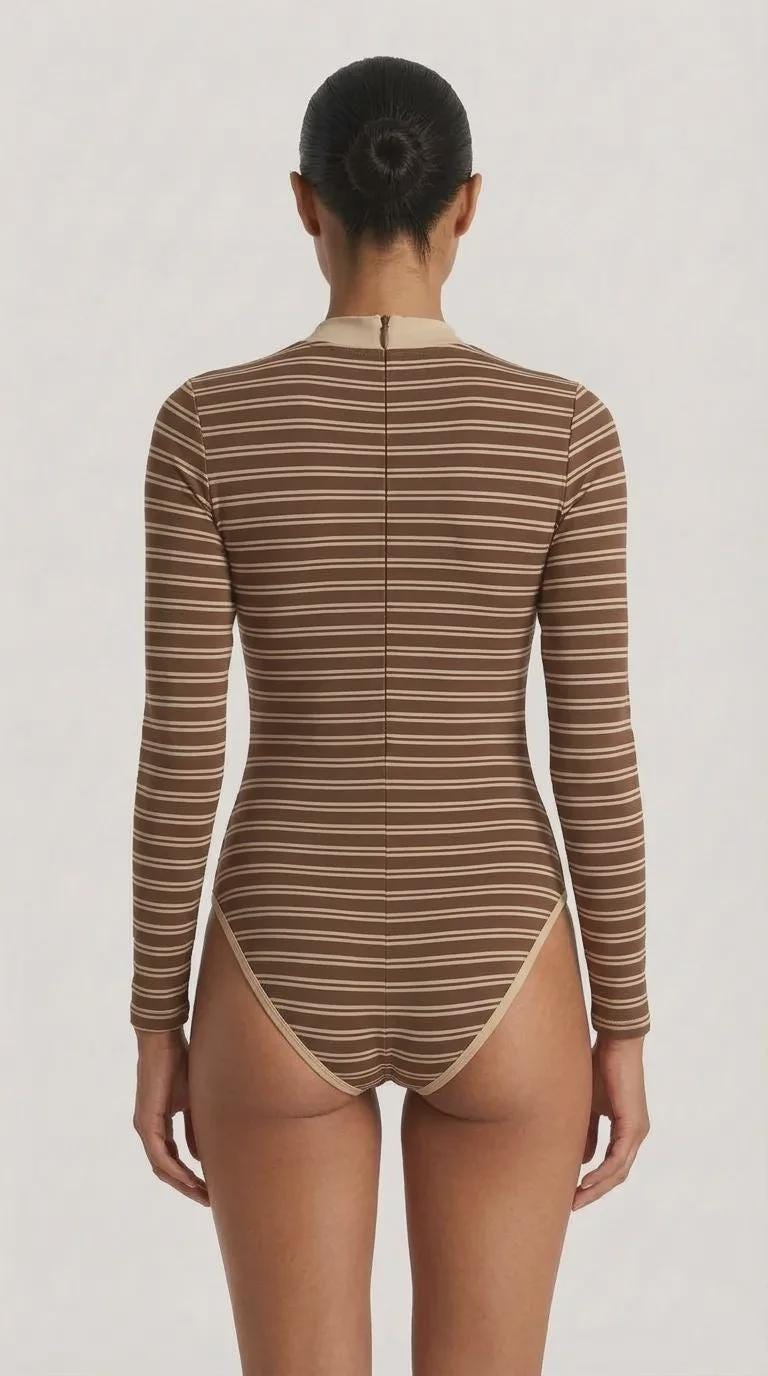 Retro Long-Sleeve One-Piece Swimsuit - Back Zipper - Lightweight - Soft Chest Pads - with Stripes