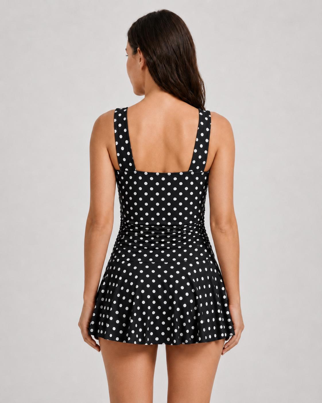 Retro Pleated Swim Dress tankini with Shorts, Vintage-Inspired Modest Tankini, Black Polka-Dot
