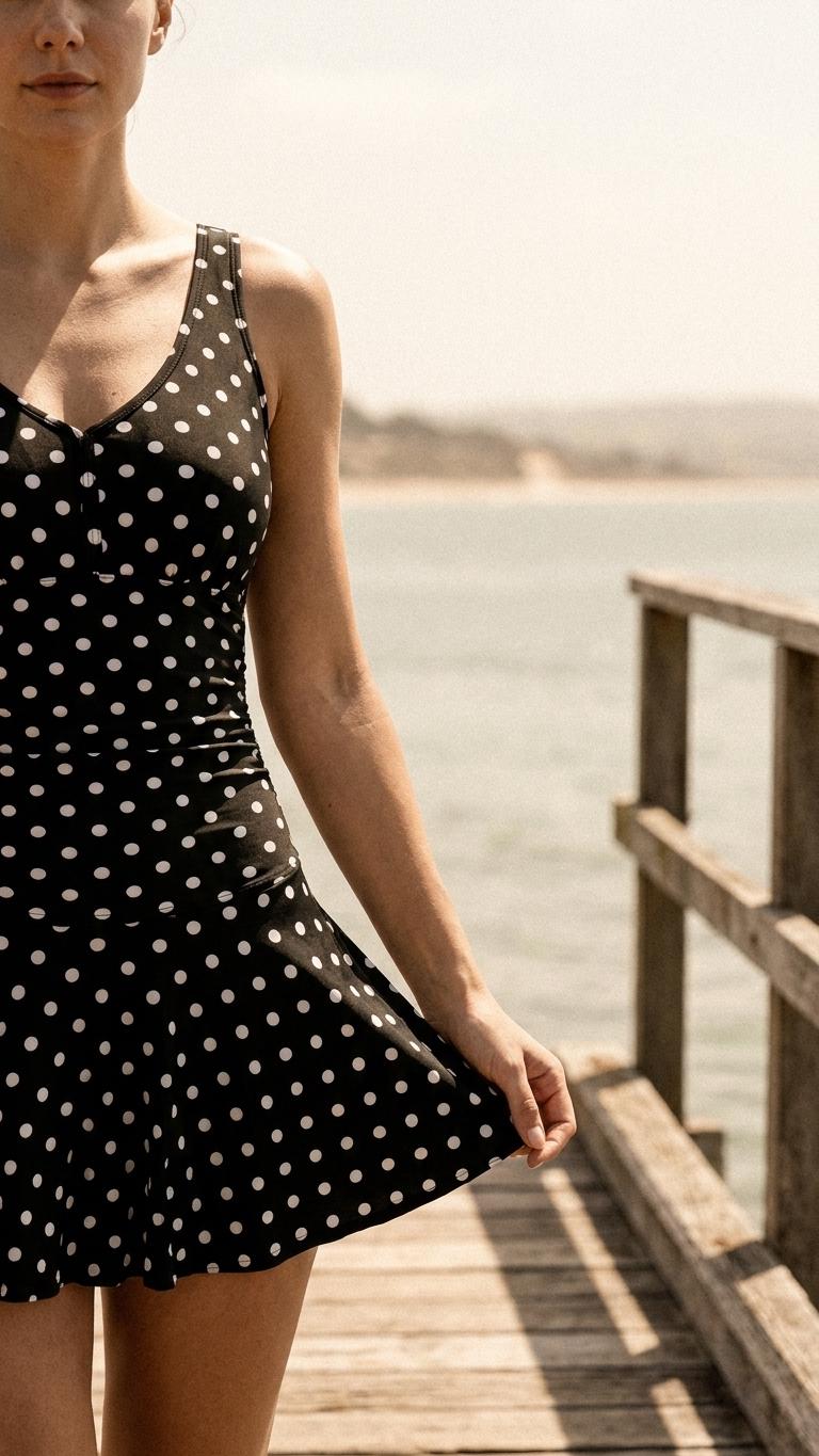 Retro Pleated Swim Dress tankini with Shorts, Vintage-Inspired Modest Tankini, Black Polka-Dot