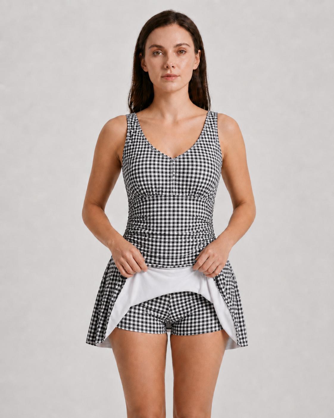 Retro Pleated Swim Dress with Shorts, Vintage-Inspired Modest Tankini, Black Gingham