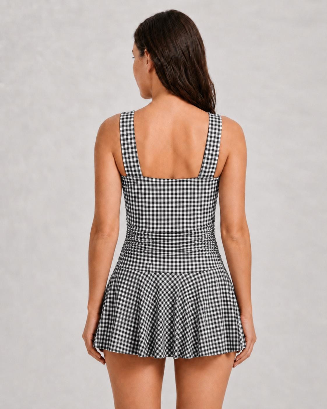 Retro Pleated Swim Dress with Shorts, Vintage-Inspired Modest Tankini, Black Gingham