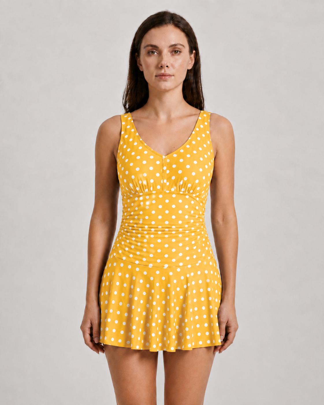 Retro Pleated Swim Dress tankini with Shorts, Vintage-Inspired Modest Tankini, Yellow Polka-Dot