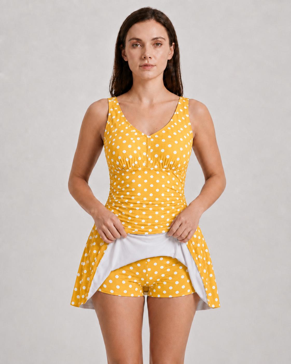 Retro Pleated Swim Dress tankini with Shorts, Vintage-Inspired Modest Tankini, Yellow Polka-Dot
