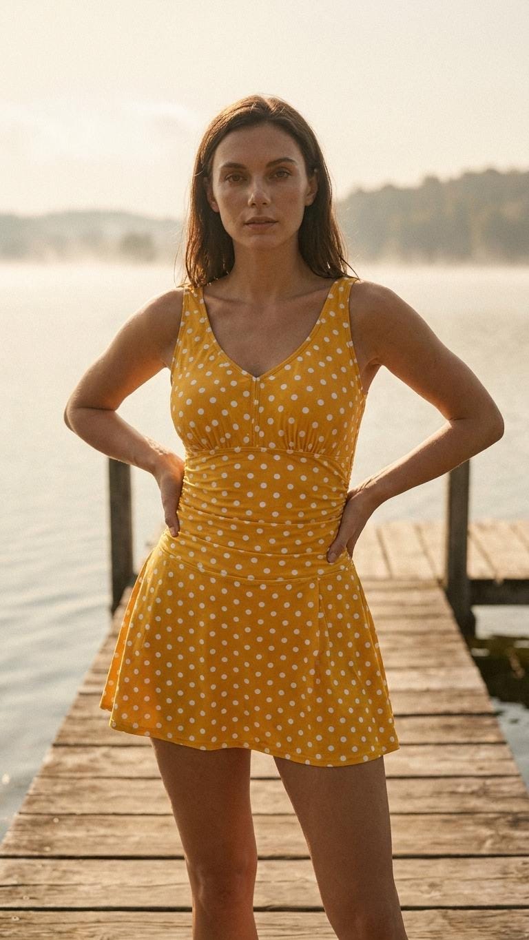 Retro Pleated Swim Dress tankini with Shorts, Vintage-Inspired Modest Tankini, Yellow Polka-Dot