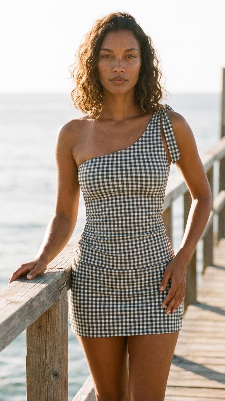 Retro One-Shoulder Tankini Set with Swim Skirt & Built-In Shorts | Vintage-Inspired Two-Piece Swimsuit | Black Gingham