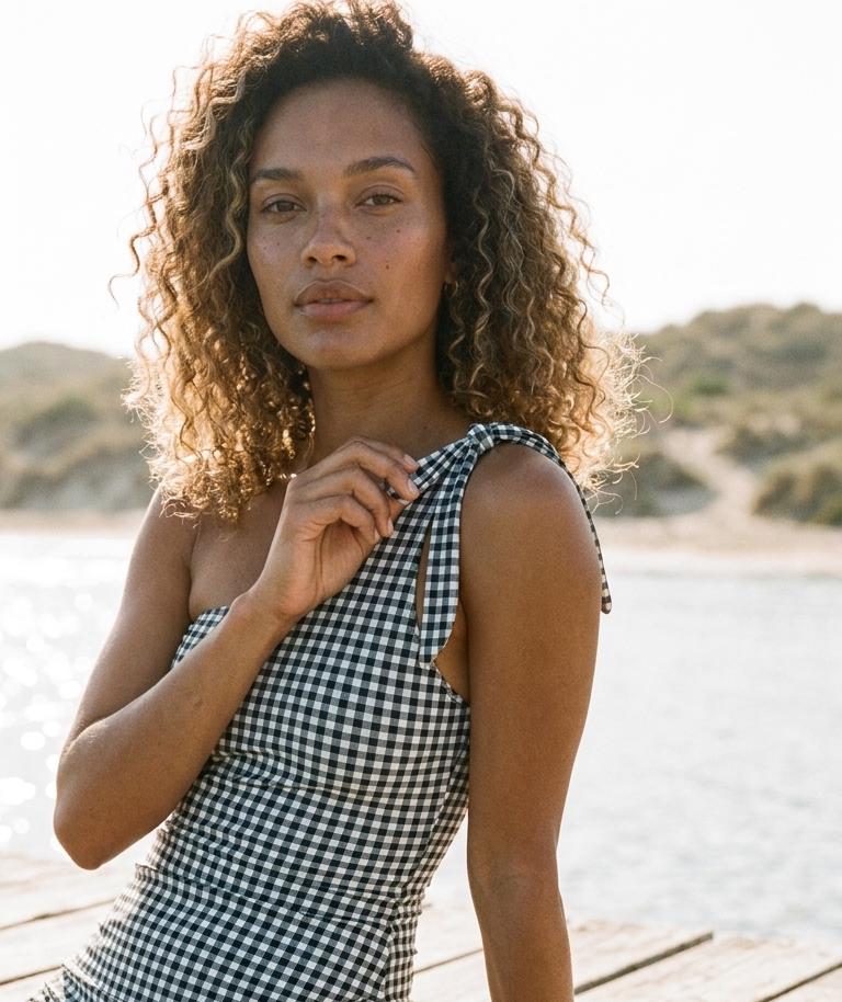 Retro One-Shoulder Tankini Set with Swim Skirt & Built-In Shorts | Vintage-Inspired Two-Piece Swimsuit | Black Gingham