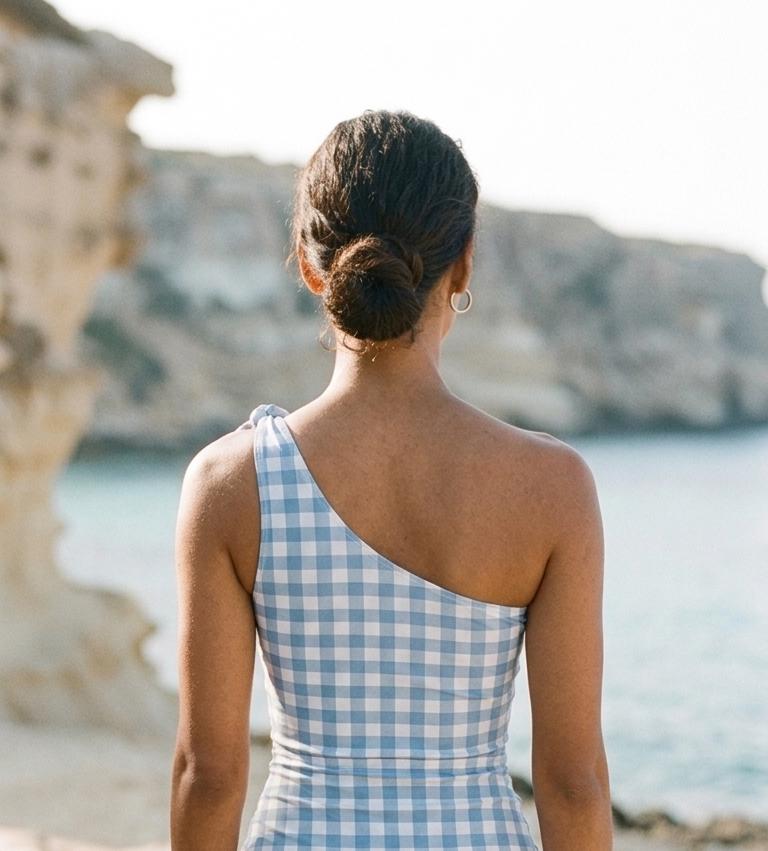 Retro One-Shoulder Tankini Set with Swim Skirt & Built-In Shorts | Vintage-Inspired Two-Piece Swimsuit | Blue Gingham