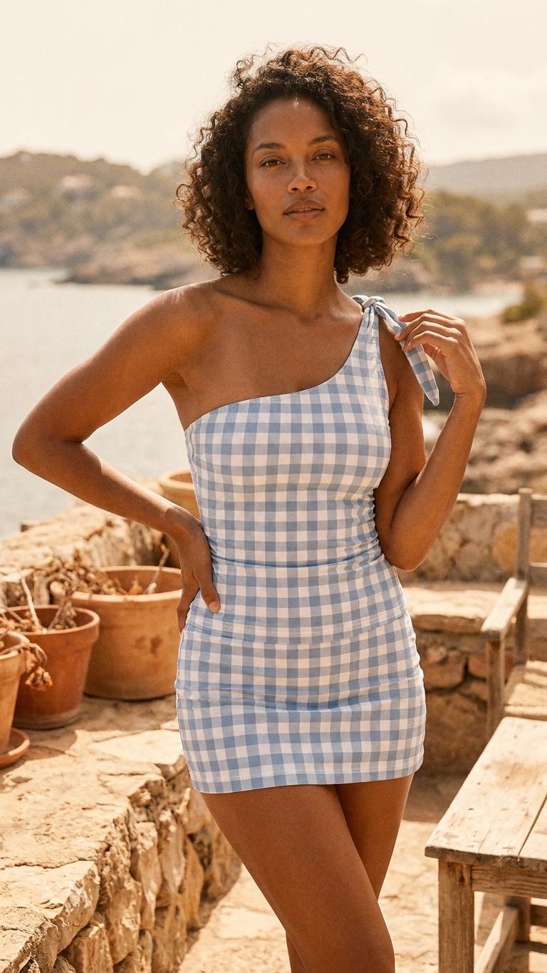 Retro One-Shoulder Tankini Set with Swim Skirt & Built-In Shorts | Vintage-Inspired Two-Piece Swimsuit | Blue Gingham