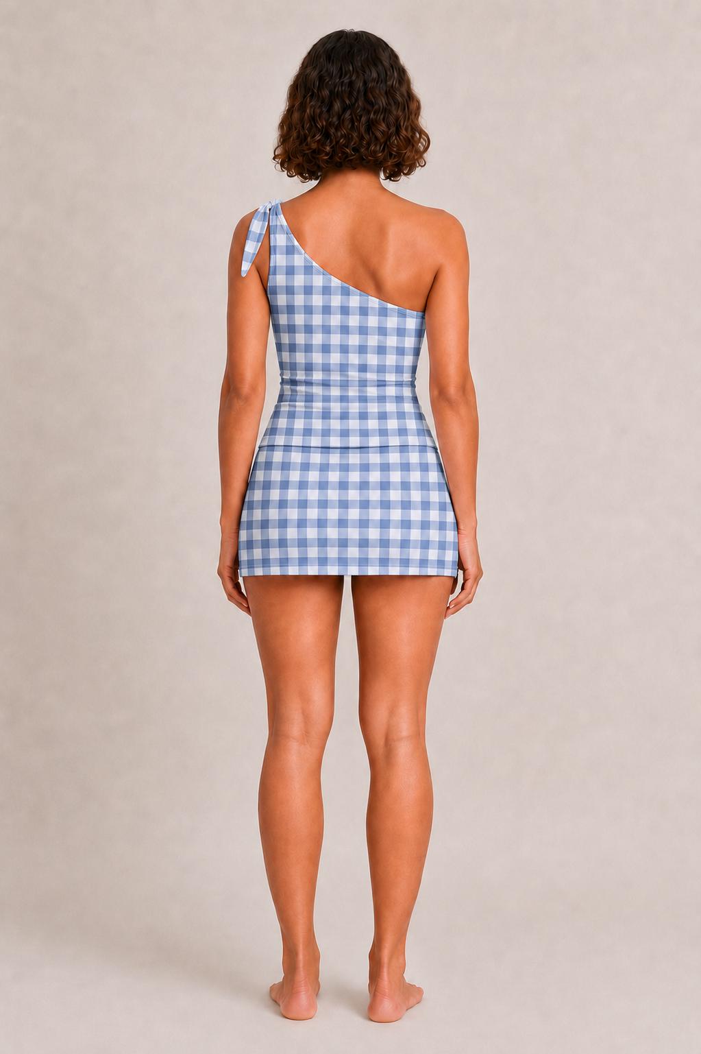 Retro One-Shoulder Tankini Set with Swim Skirt & Built-In Shorts | Vintage-Inspired Two-Piece Swimsuit | Blue Gingham