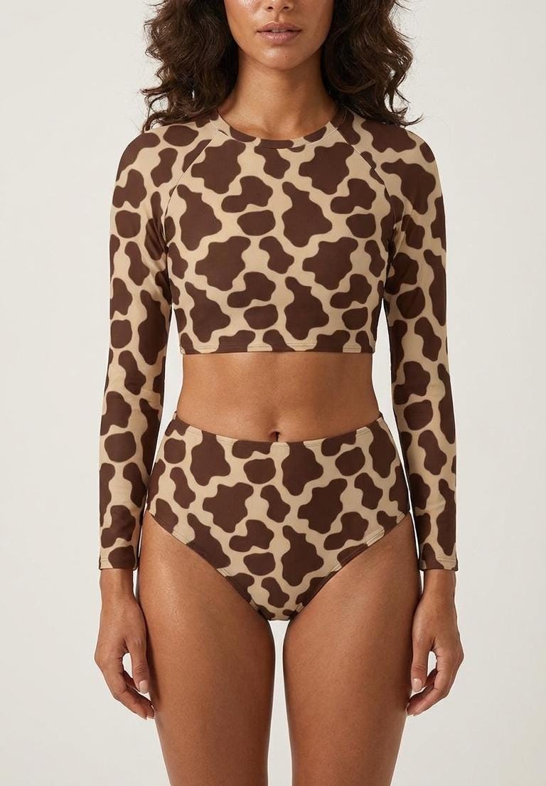 1970s Brown Cowhide Two-Piece Swimsuit, Retro Long Sleeve Crop Rash Guard