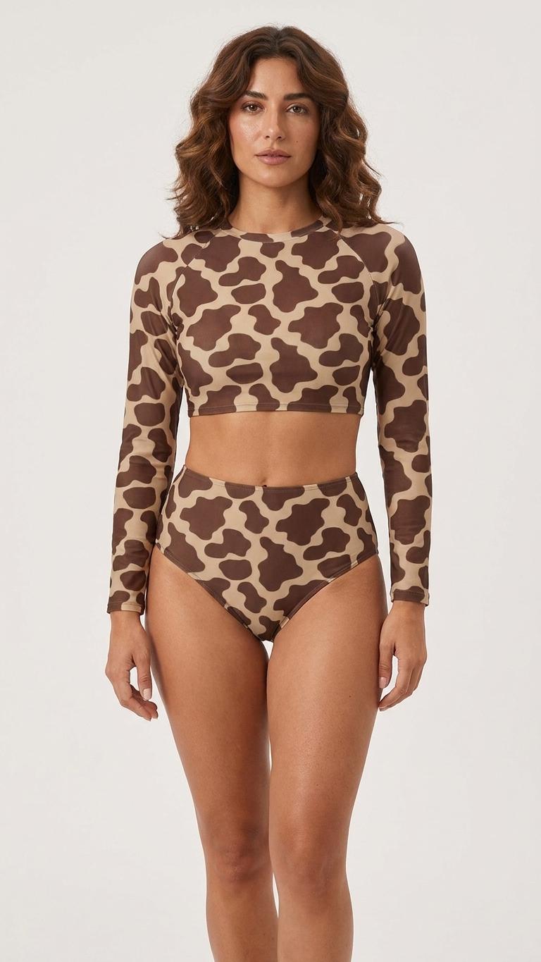 1970s Brown Cowhide Two-Piece Swimsuit, Retro Long Sleeve Crop Rash Guard