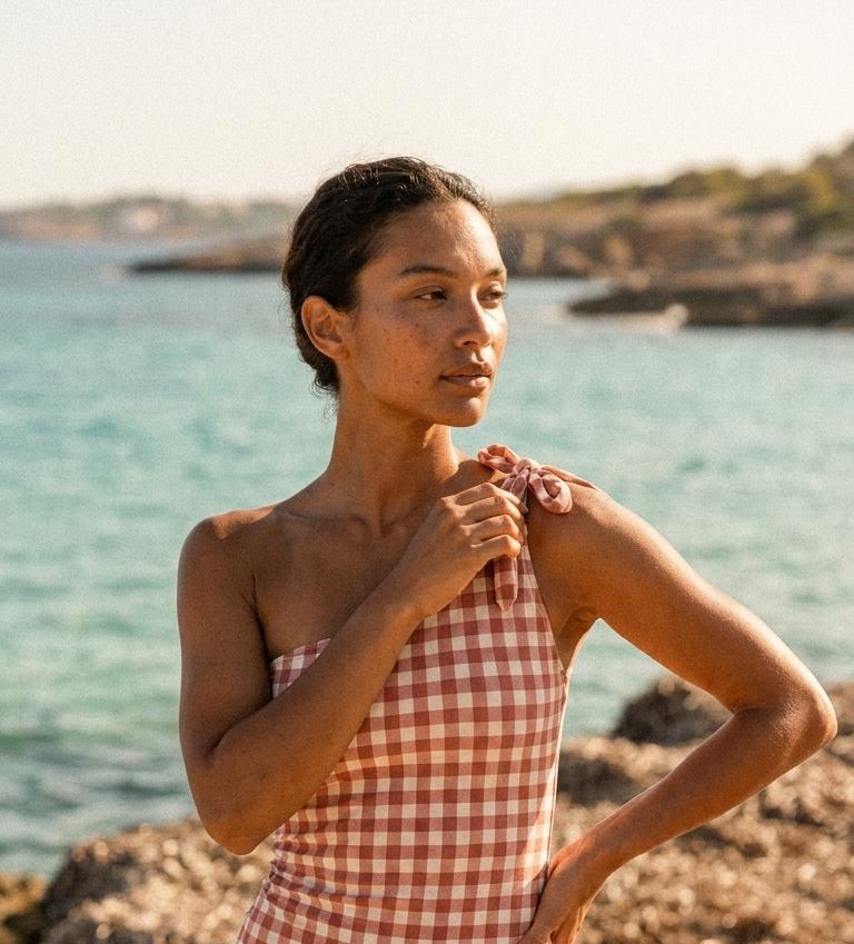 Retro One-Shoulder Tankini Set with Swim Skirt & Built-In Shorts | Vintage-Inspired Two-Piece Swimsuit | Red Gingham