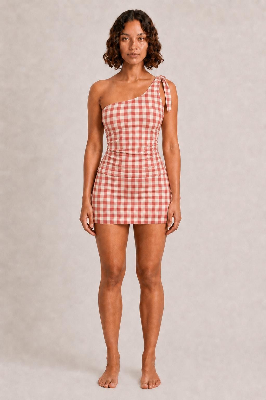 Retro One-Shoulder Tankini Set with Swim Skirt & Built-In Shorts | Vintage-Inspired Two-Piece Swimsuit | Red Gingham