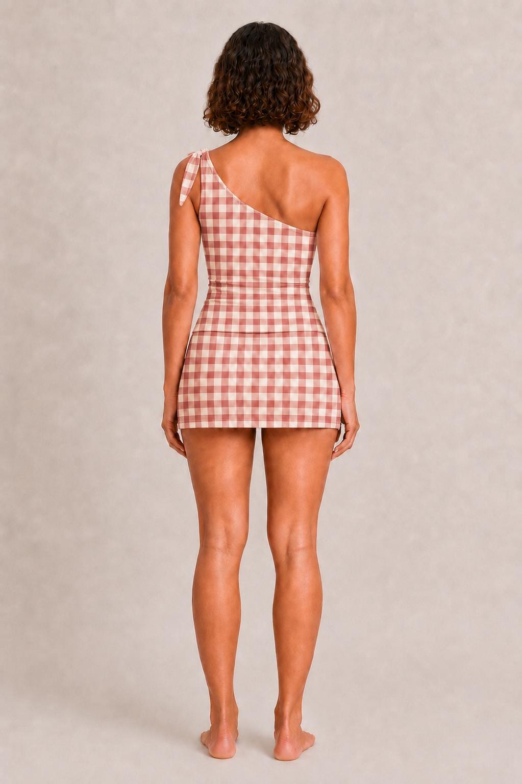 Retro One-Shoulder Tankini Set with Swim Skirt & Built-In Shorts | Vintage-Inspired Two-Piece Swimsuit | Red Gingham