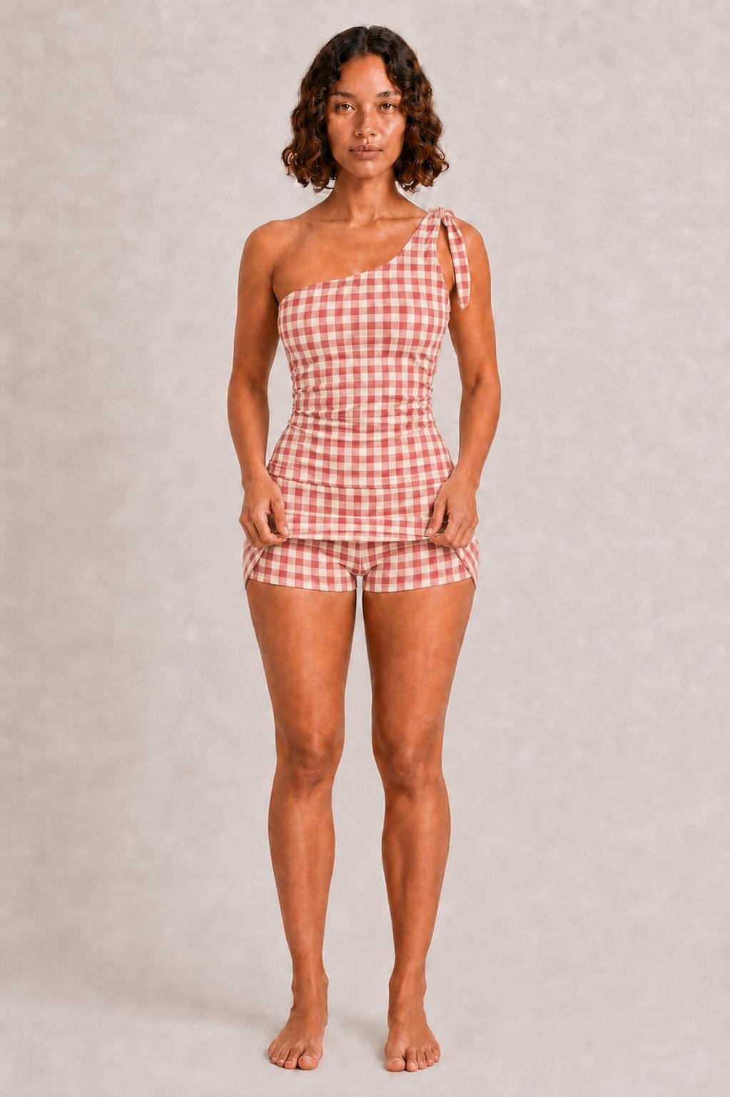 Retro One-Shoulder Tankini Set with Swim Skirt & Built-In Shorts | Vintage-Inspired Two-Piece Swimsuit | Red Gingham