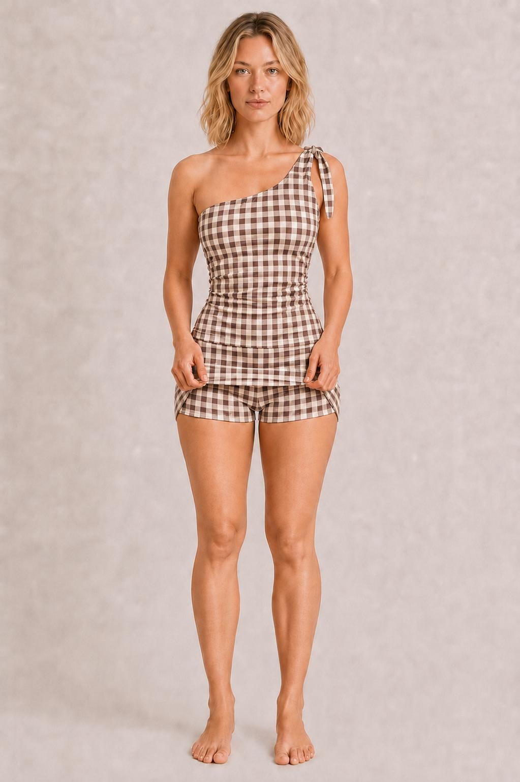 Retro One-Shoulder Tankini Set with Swim-Skirt & Built-In Shorts | Vintage-Inspired Two-Piece Swimsuit | Espresso Brown Gingham