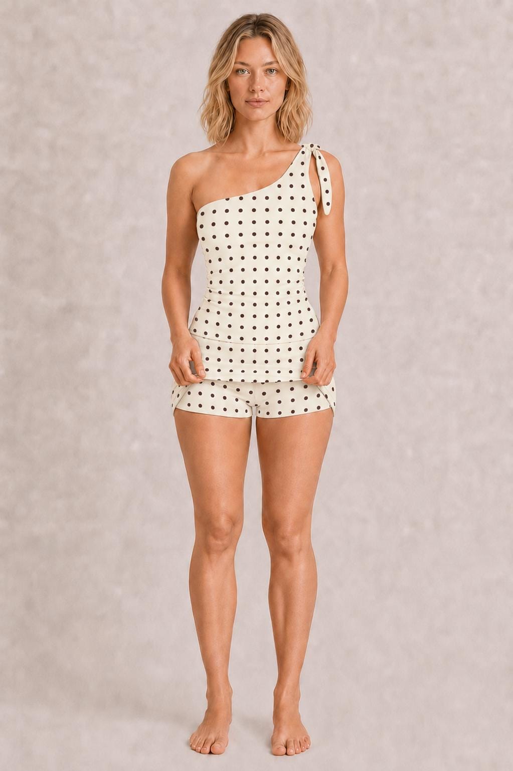 Retro One-Shoulder Tankini Set with Swim-Skirt & Built-In Shorts | Vintage-Inspired Two-Piece Swimsuit | Cream Brown Polka-Dot