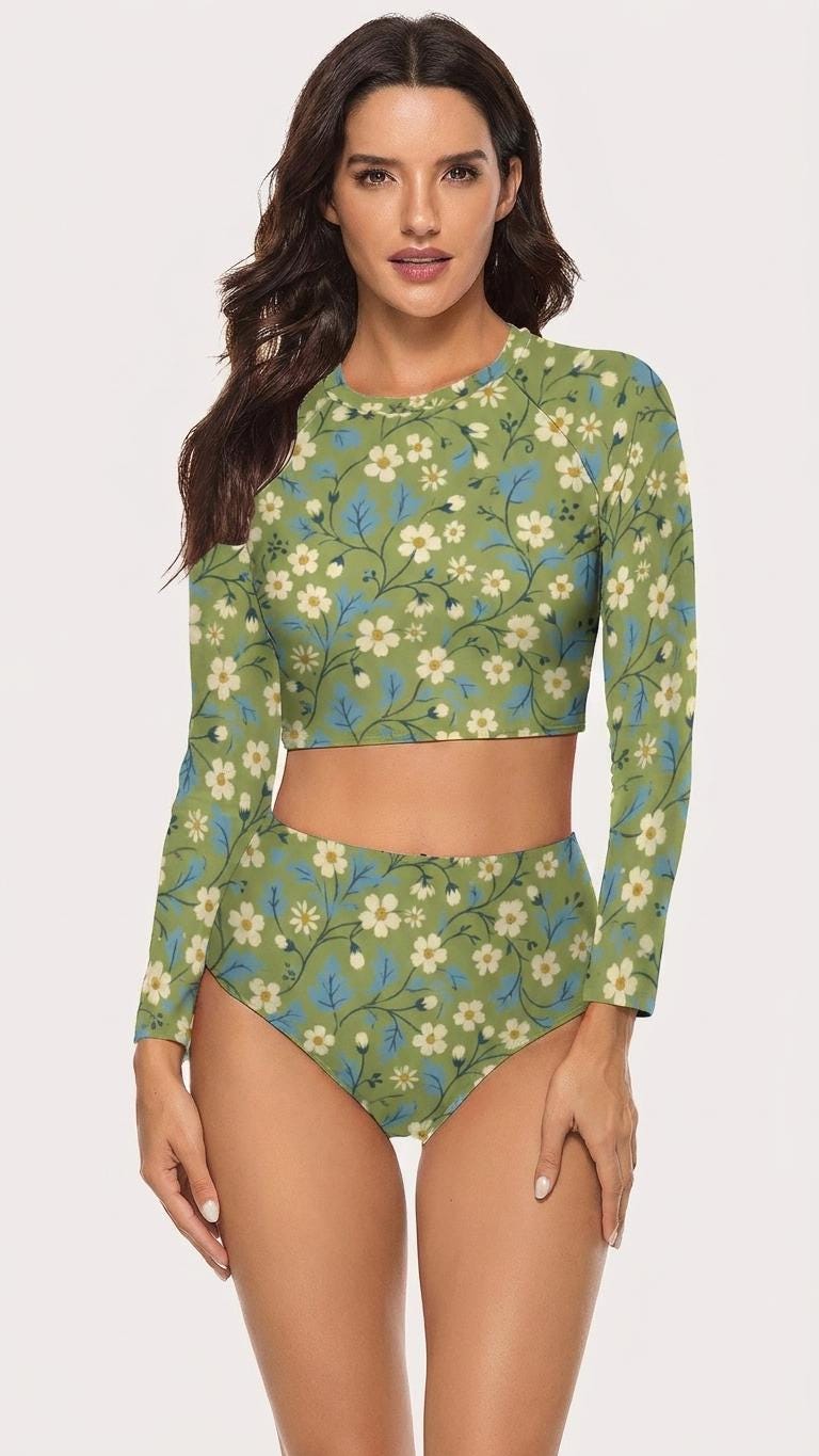 Retro Florals in Green, Two-Piece Swimsuit, Long Sleeve Crop Rash Guard