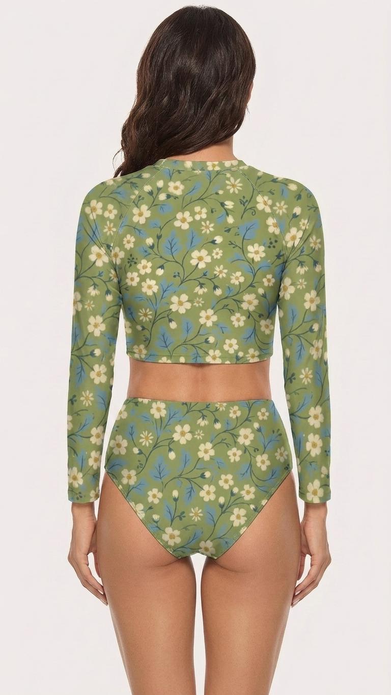 Retro Florals in Green, Two-Piece Swimsuit, Long Sleeve Crop Rash Guard