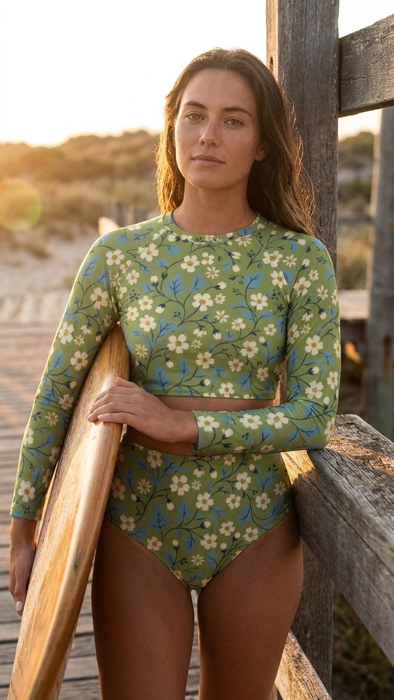 Retro Florals in Green, Two-Piece Swimsuit, Long Sleeve Crop Rash Guard