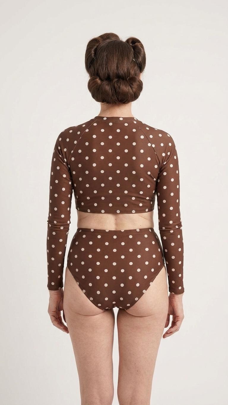 Chocolate Brown Polka Dot, Two-Piece Swimsuit, Long Sleeve Crop Rash Guard