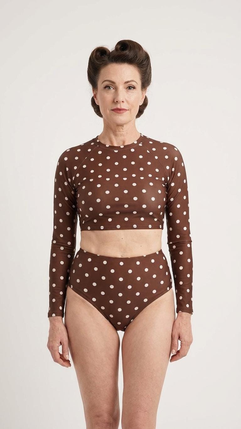 Chocolate Brown Polka Dot, Two-Piece Swimsuit, Long Sleeve Crop Rash Guard