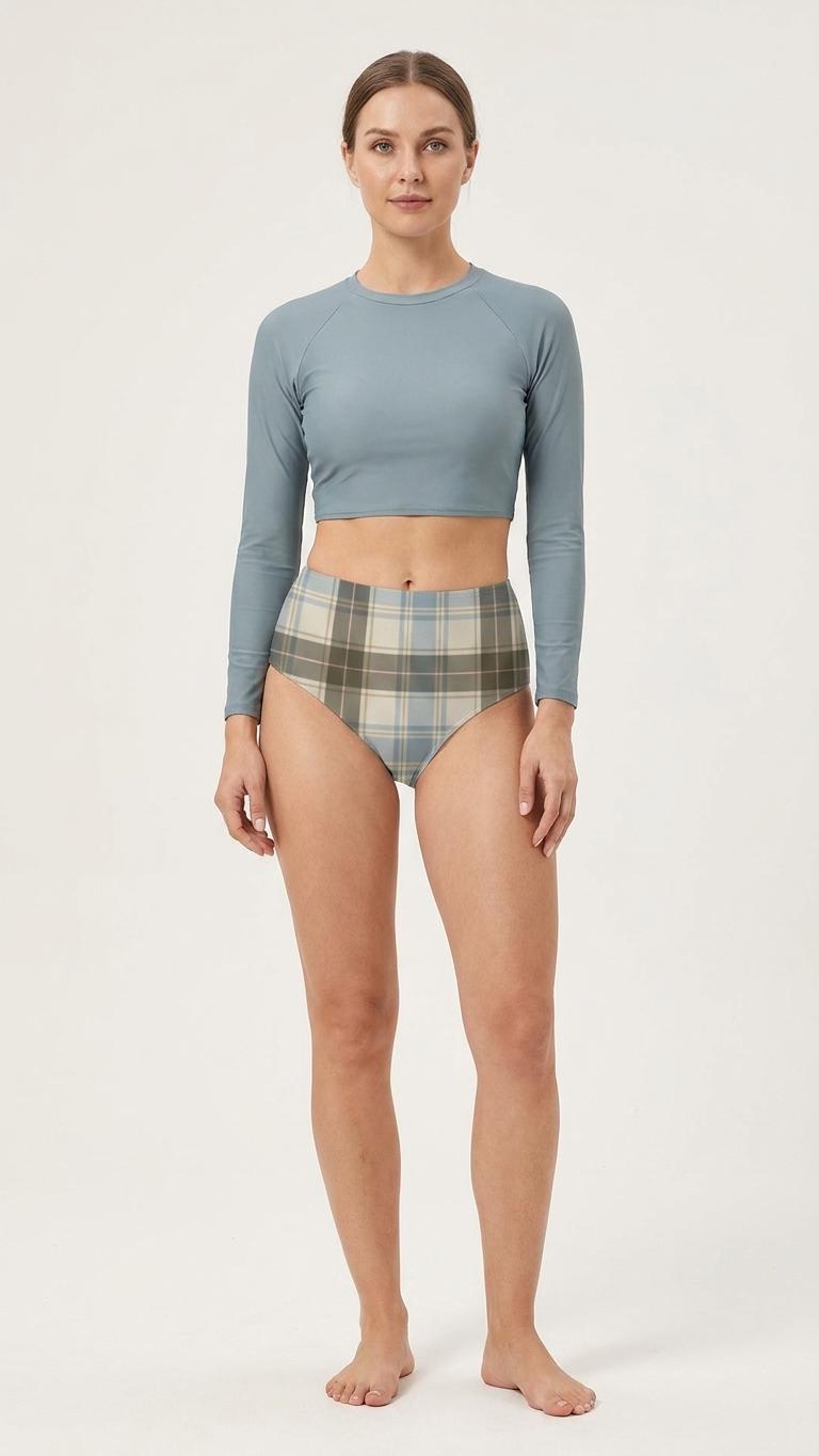 Icy Blue Plaid, Two-Piece Swimsuit, Long Sleeve Crop Rash Guard