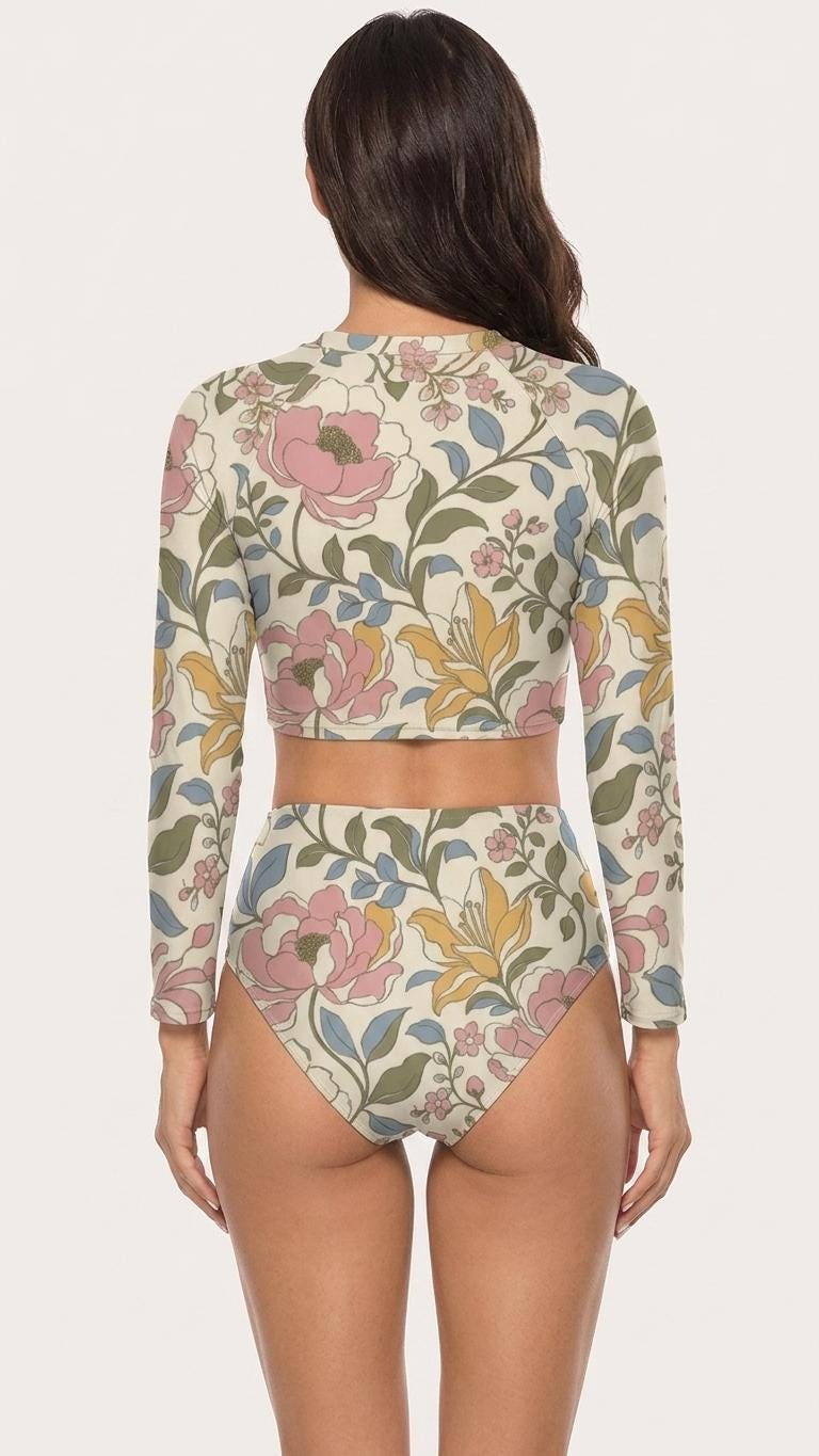 Delicate Retro Florals, Two-Piece Swimsuit, Long Sleeve Crop Rash Guard