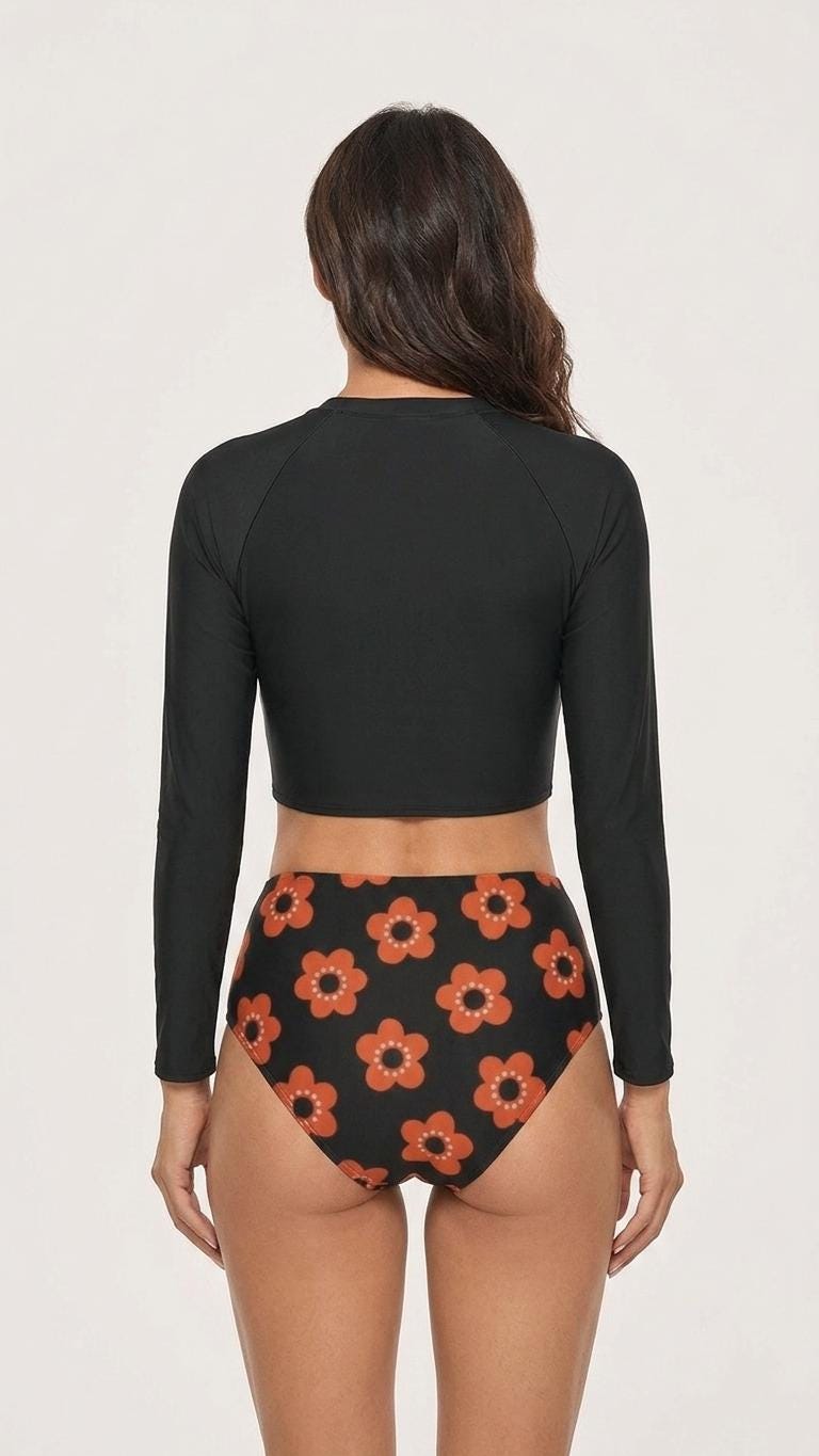 Retro Florals in Black, Two-Piece Swimsuit, Long Sleeve Crop Rash Guard