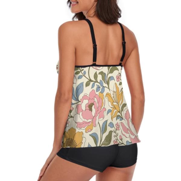 Retro Florals Flowy Halter Tankini Set – Sleek Two-Piece Swimsuit with Boyshorts