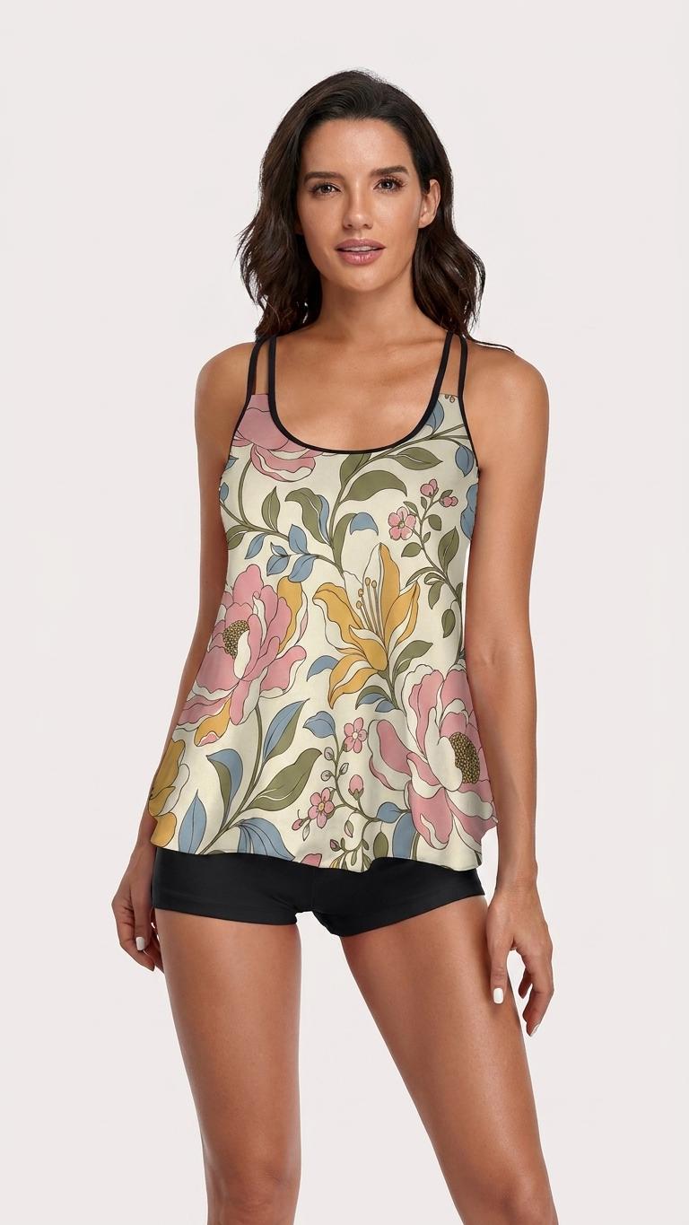Retro Florals Flowy Halter Tankini Set – Sleek Two-Piece Swimsuit with Boyshorts