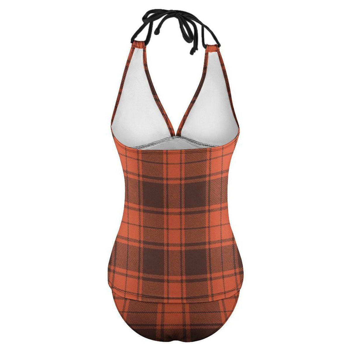 Retro Chic Classic Active Split Surf Tankini Swimsuit - Brown & Orange Plaid