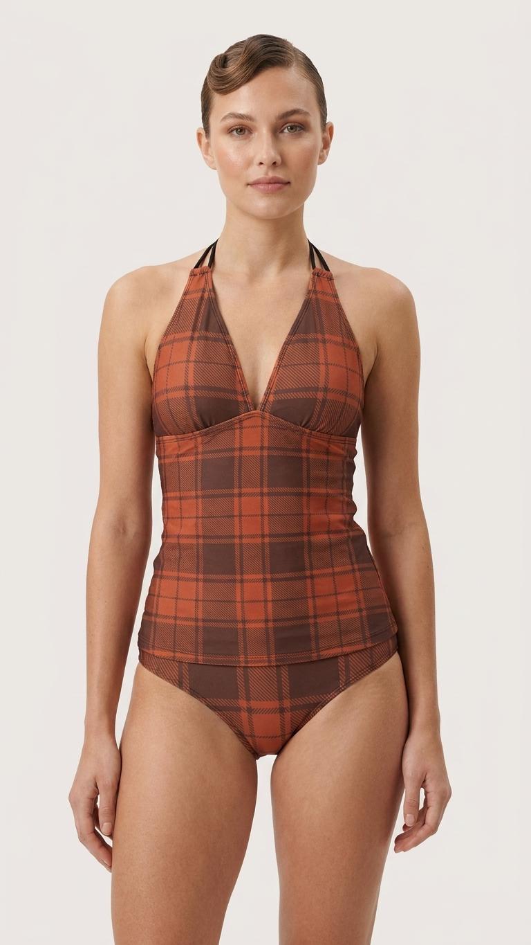 Retro Chic Classic Active Split Surf Tankini Swimsuit - Brown & Orange Plaid