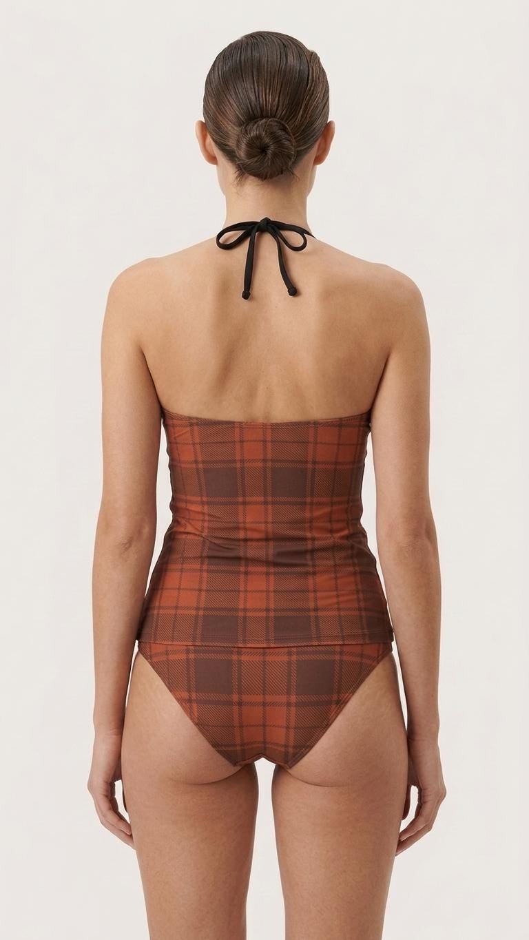 Retro Chic Classic Active Split Surf Tankini Swimsuit - Brown & Orange Plaid