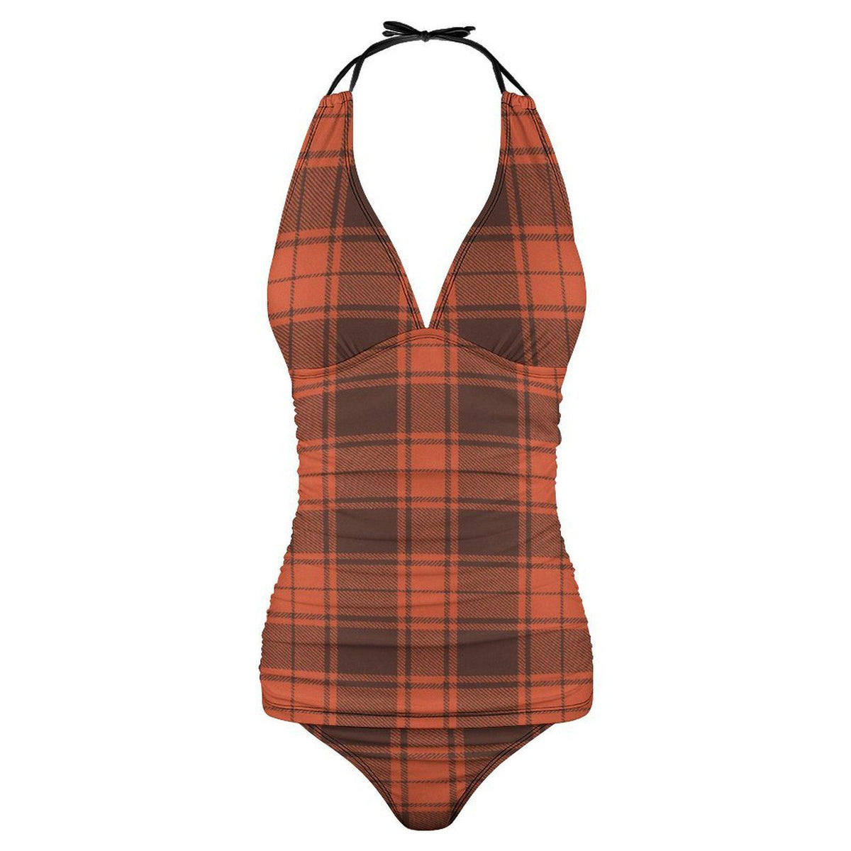 Retro Chic Classic Active Split Surf Tankini Swimsuit - Brown & Orange Plaid