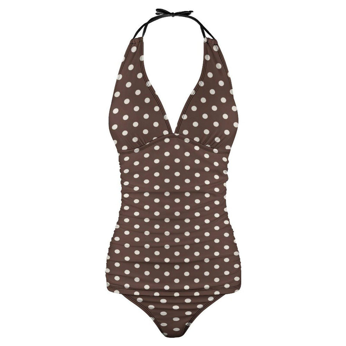 Retro Chic Classic Active Split Surf Tankini Swimsuit - Brown Polka Dot
