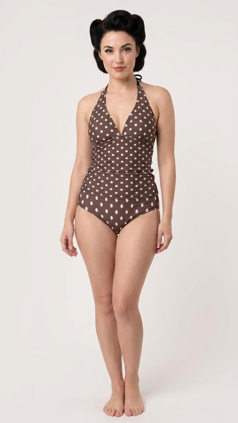 Retro Chic Classic Active Split Surf Tankini Swimsuit - Brown Polka Dot