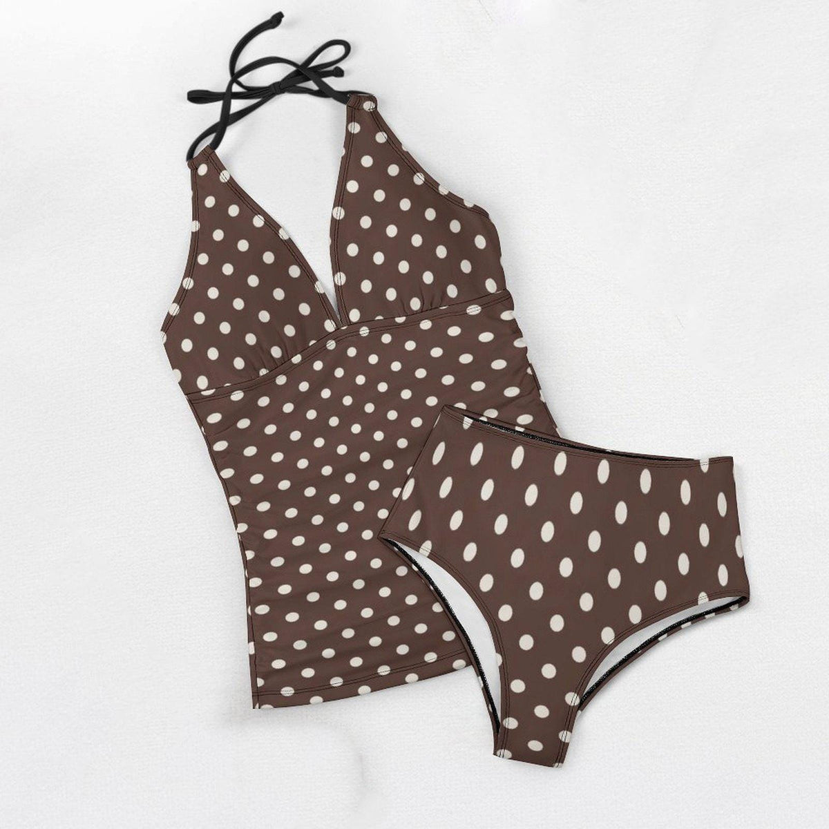 Retro Chic Classic Active Split Surf Tankini Swimsuit - Brown Polka Dot