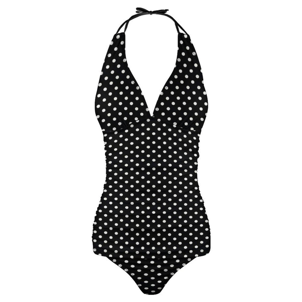 Retro Chic Classic Active Split Surf Tankini Swimsuit - Black Polka Dot