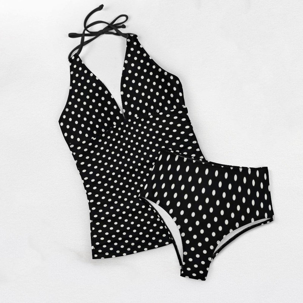 Retro Chic Classic Active Split Surf Tankini Swimsuit - Black Polka Dot